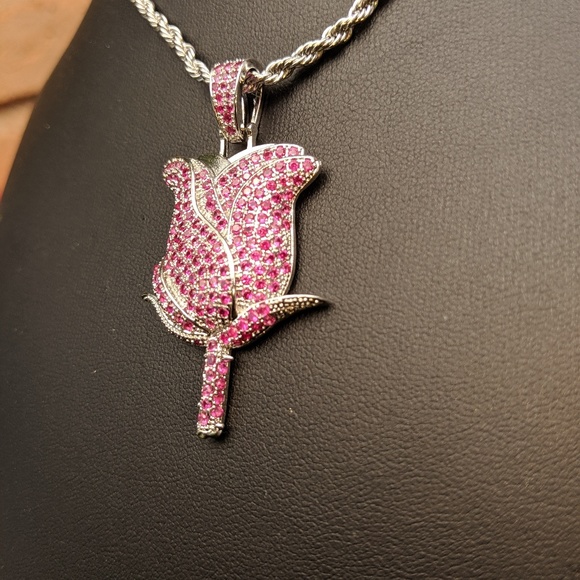 🖤 24" x 3mm Rope Chain + Red Rose Pendant - Picture 4 of 8